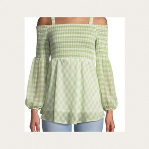 5 twelve Cold-Shoulder Gingham Chiffon Blouse